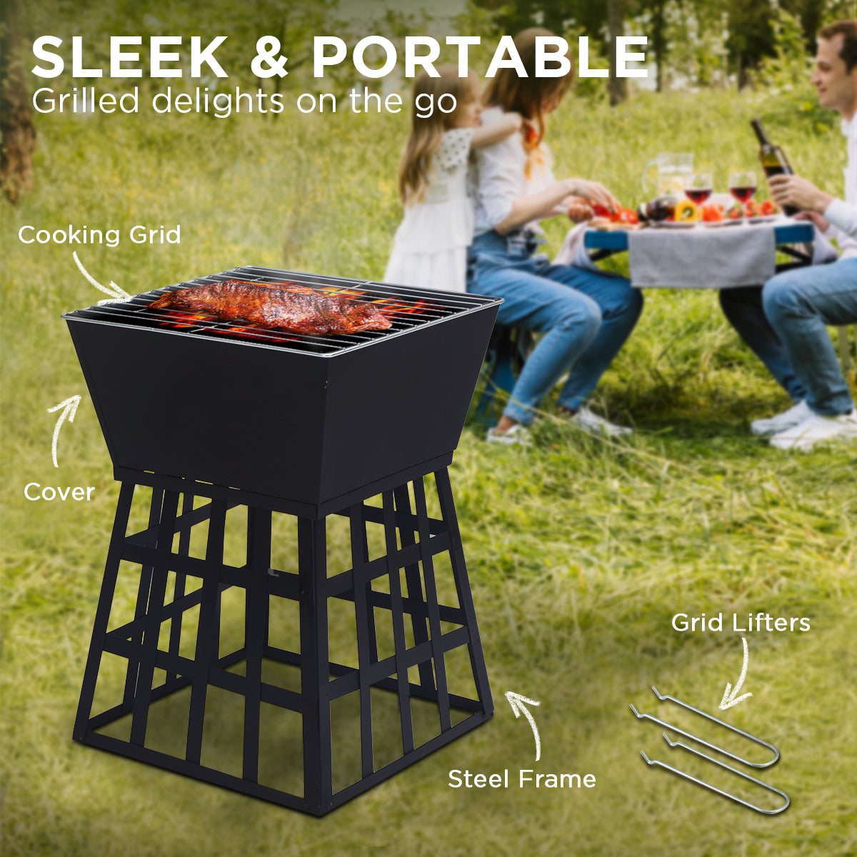 Fire Pit BBQ Grill Portable Square Cooking Camping Brazier Reversible Stand Backyard