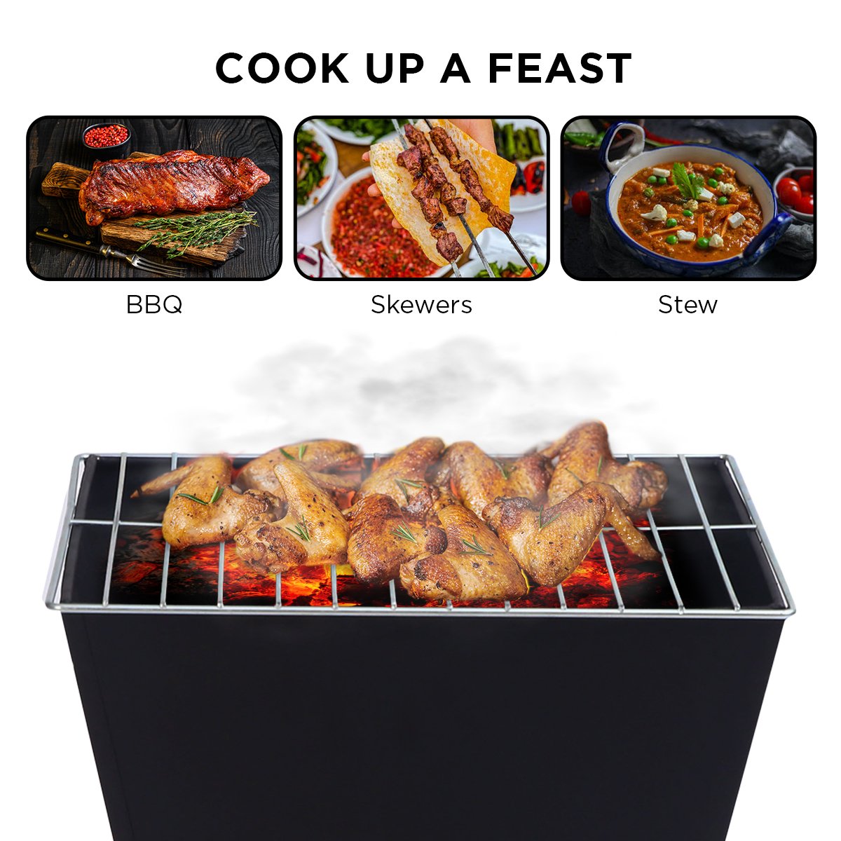 Fire Pit BBQ Grill Portable Square Cooking Camping Brazier Reversible Stand Backyard