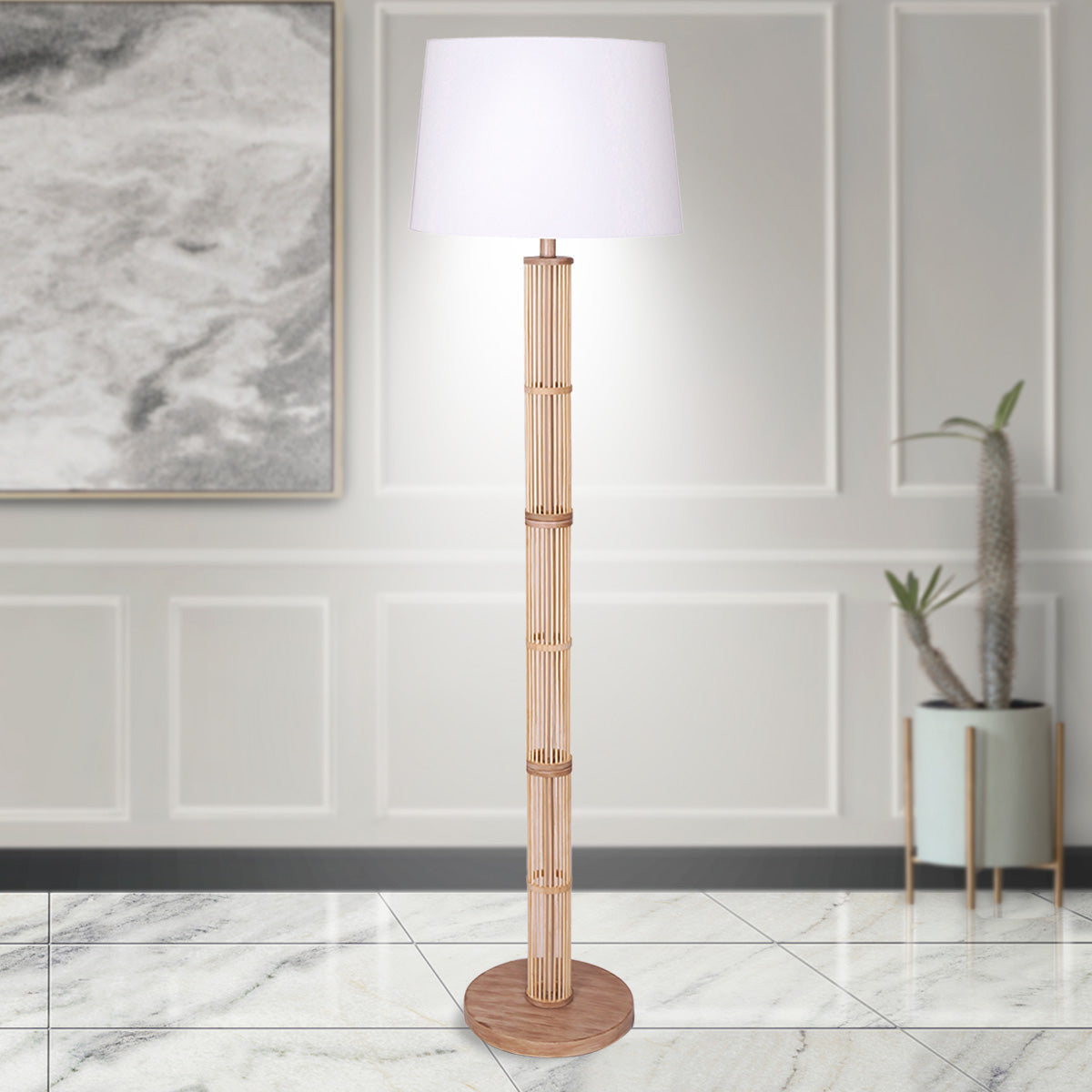 Liv Rattan Floor Lamp With Off-White Linen Shade by Liv