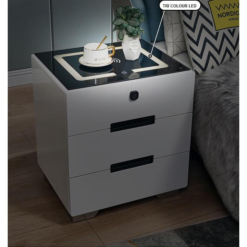 Smart Bedside Tables Finger Print Lock Side 3 Drawers Wireless Chargin ...