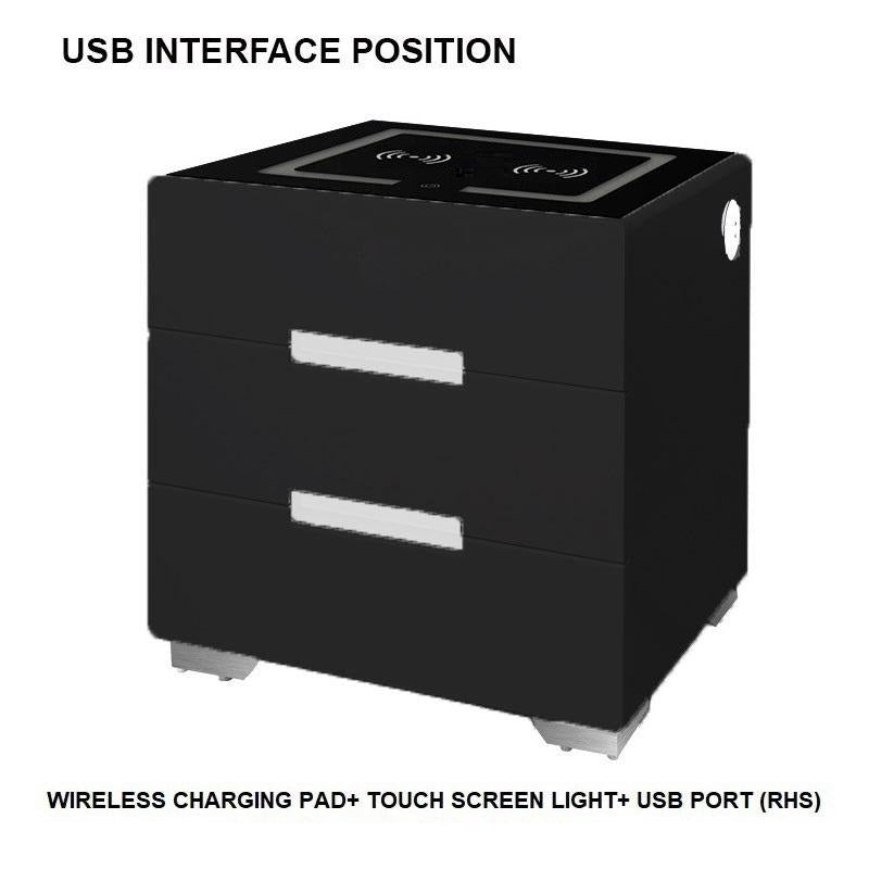 Smart Bedside Tables Side 3 Drawers Wireless Charging USB Left Hand Nightstand LED Light AU Black