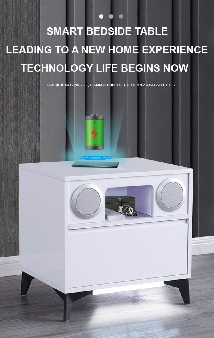 Smart Bedside Tables Side Drawers Wireless Charging Nightstand Bluetooth Speaker LED Light