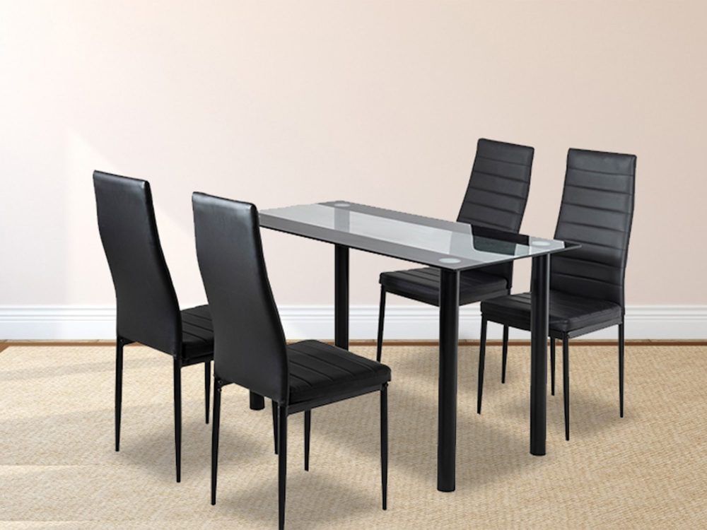 5PC Indoor Dining Table and Chairs Dinner Set Glass Leather Kitchen-Mix Black