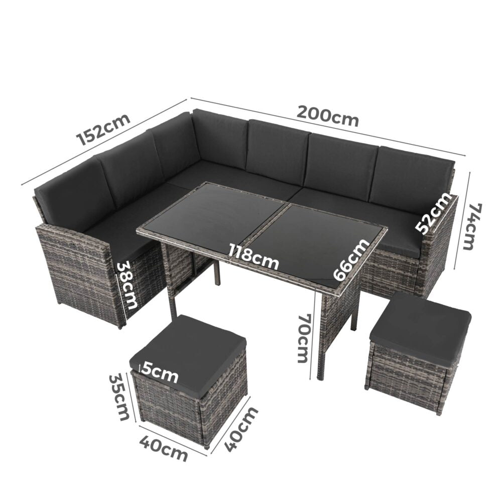 Ella 8-Seater Modular Outdoor Garden Lounge and Dining Set with Table and Stools in Dark Grey Weave