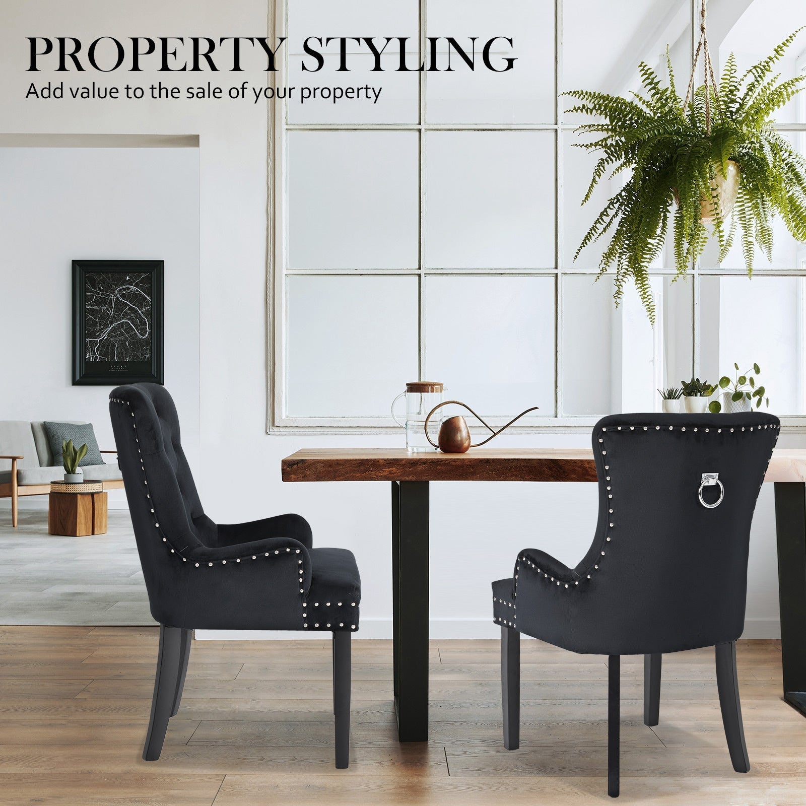 Holly 2 Set Black French Provincial Dining Chair Ring Studded Lisse Velvet Rubberwood