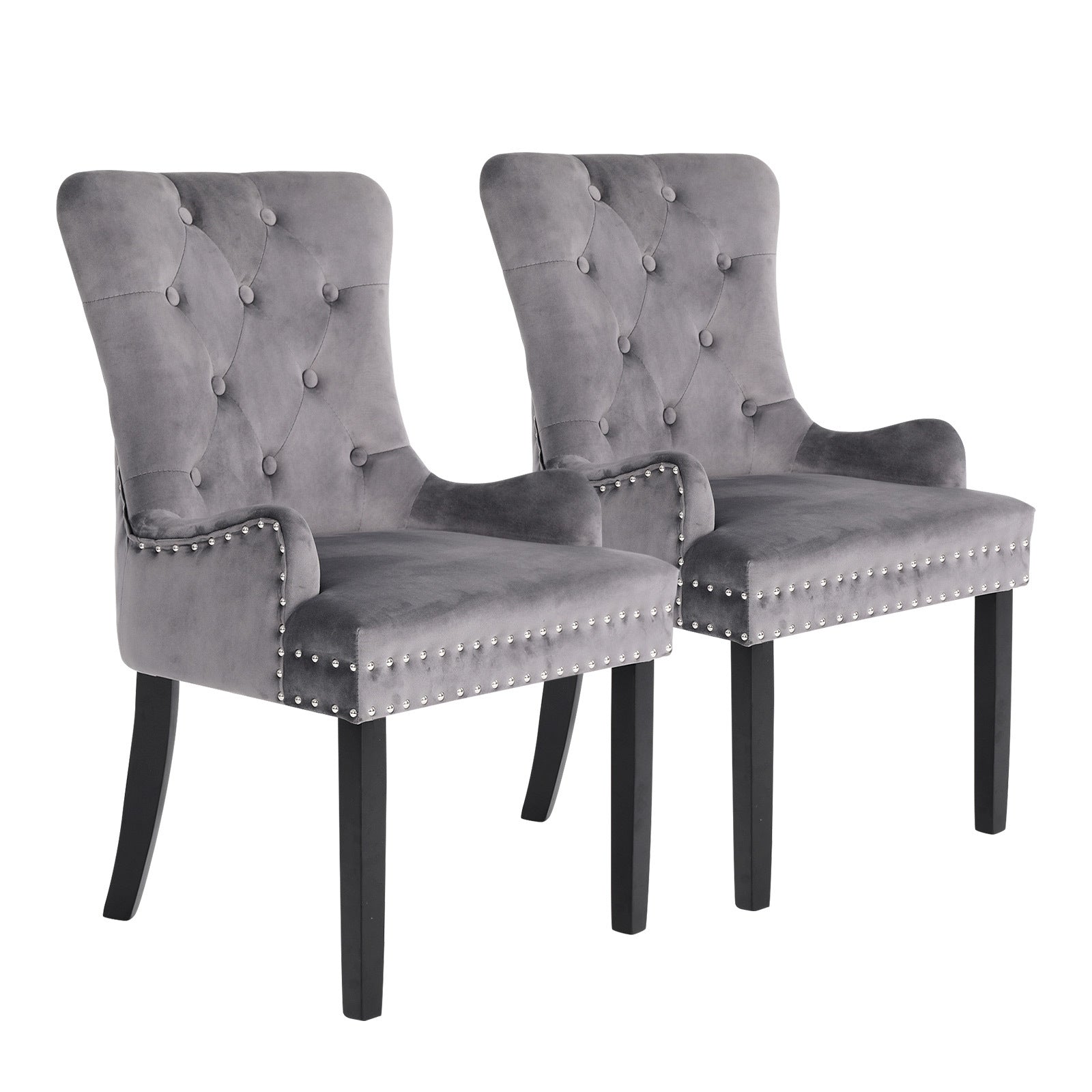 Holly 2 Set Grey French Provincial Dining Chair Ring Studded Lisse Velvet Rubberwood