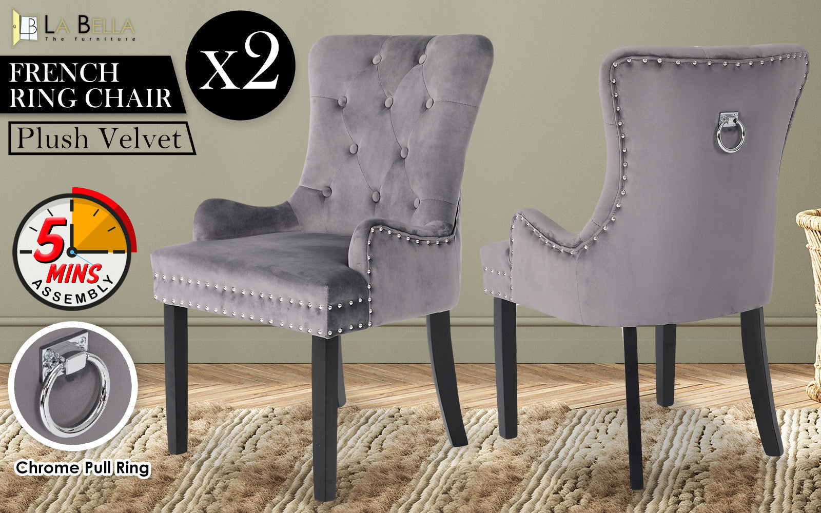 Holly 2 Set Grey French Provincial Dining Chair Ring Studded Lisse Velvet Rubberwood