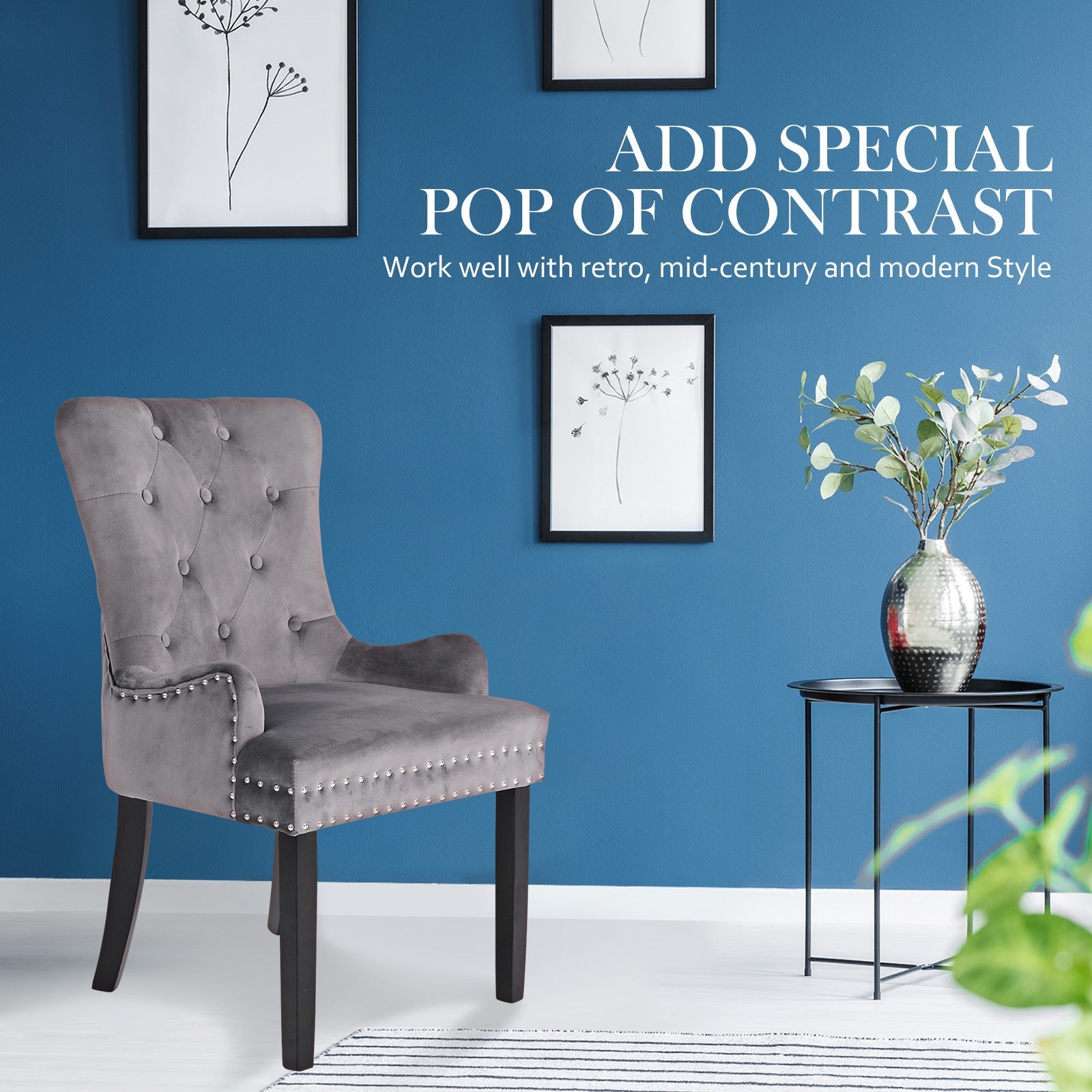 Holly 2 Set Grey French Provincial Dining Chair Ring Studded Lisse Velvet Rubberwood