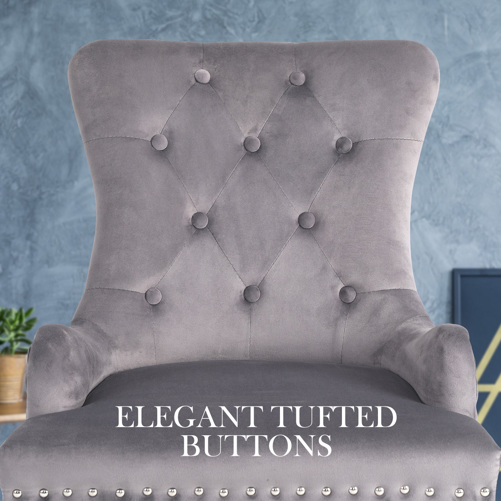 Holly 2 Set Grey French Provincial Dining Chair Ring Studded Lisse Velvet Rubberwood