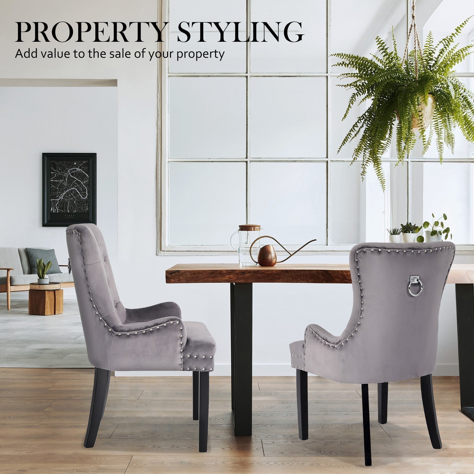 Holly 2 Set Grey French Provincial Dining Chair Ring Studded Lisse Velvet Rubberwood