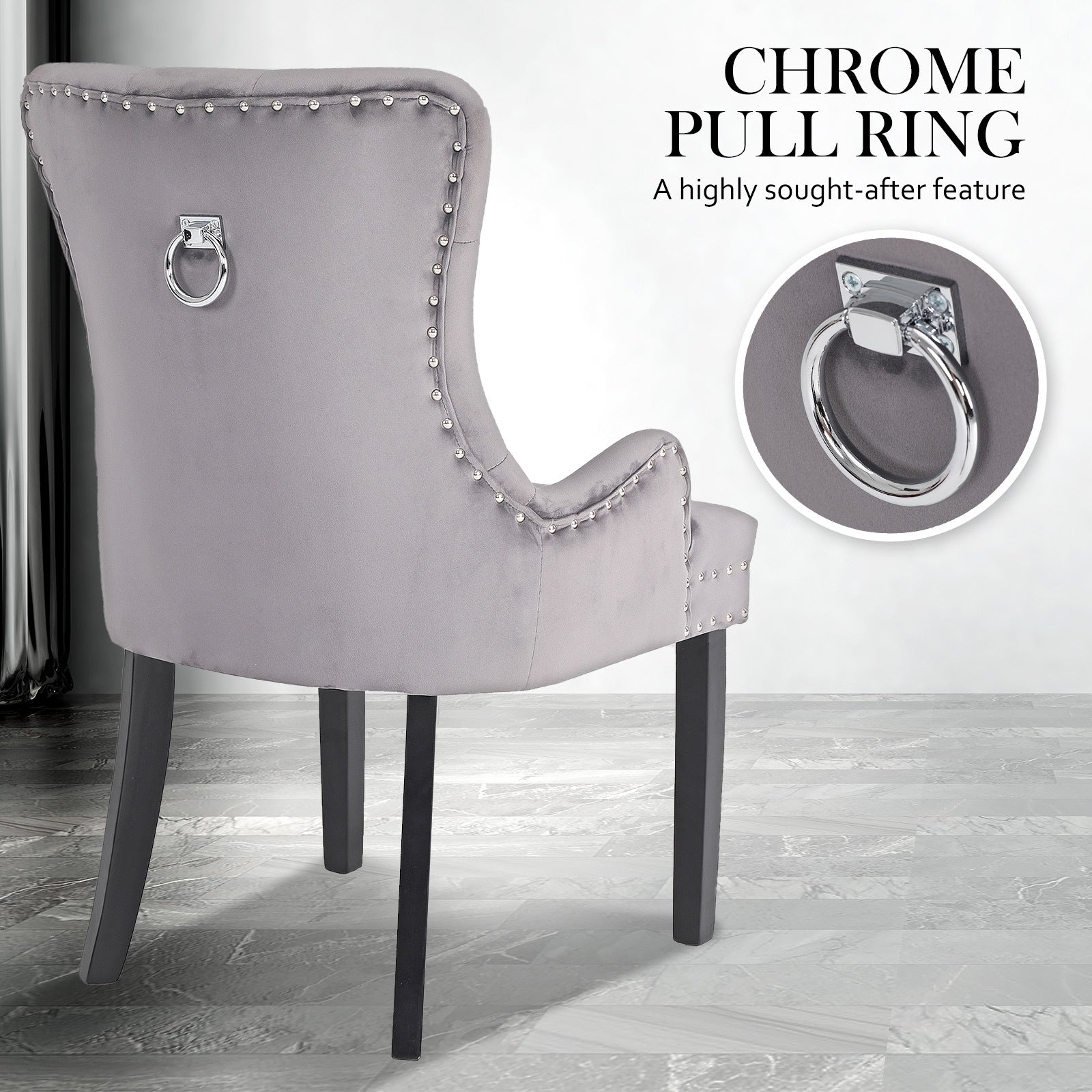 Holly 2 Set Grey French Provincial Dining Chair Ring Studded Lisse Velvet Rubberwood
