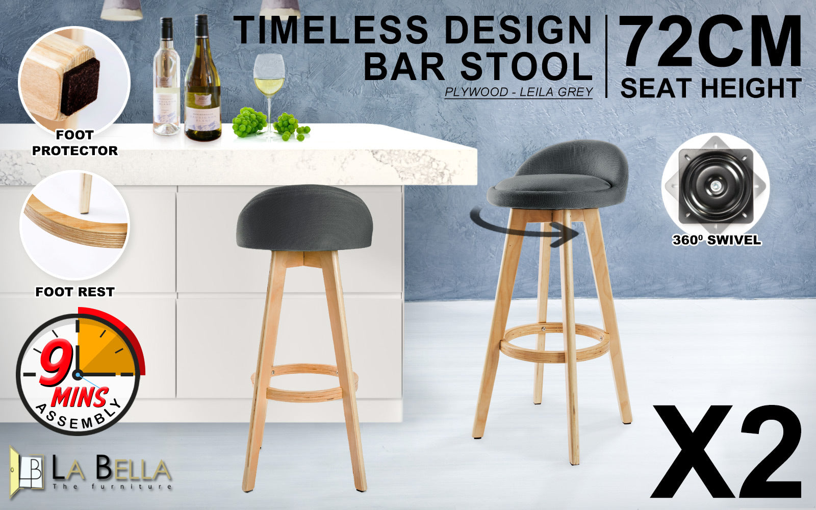 Holly 2 Set 72cm Grey Wooden Bar Stool Leila Fabric