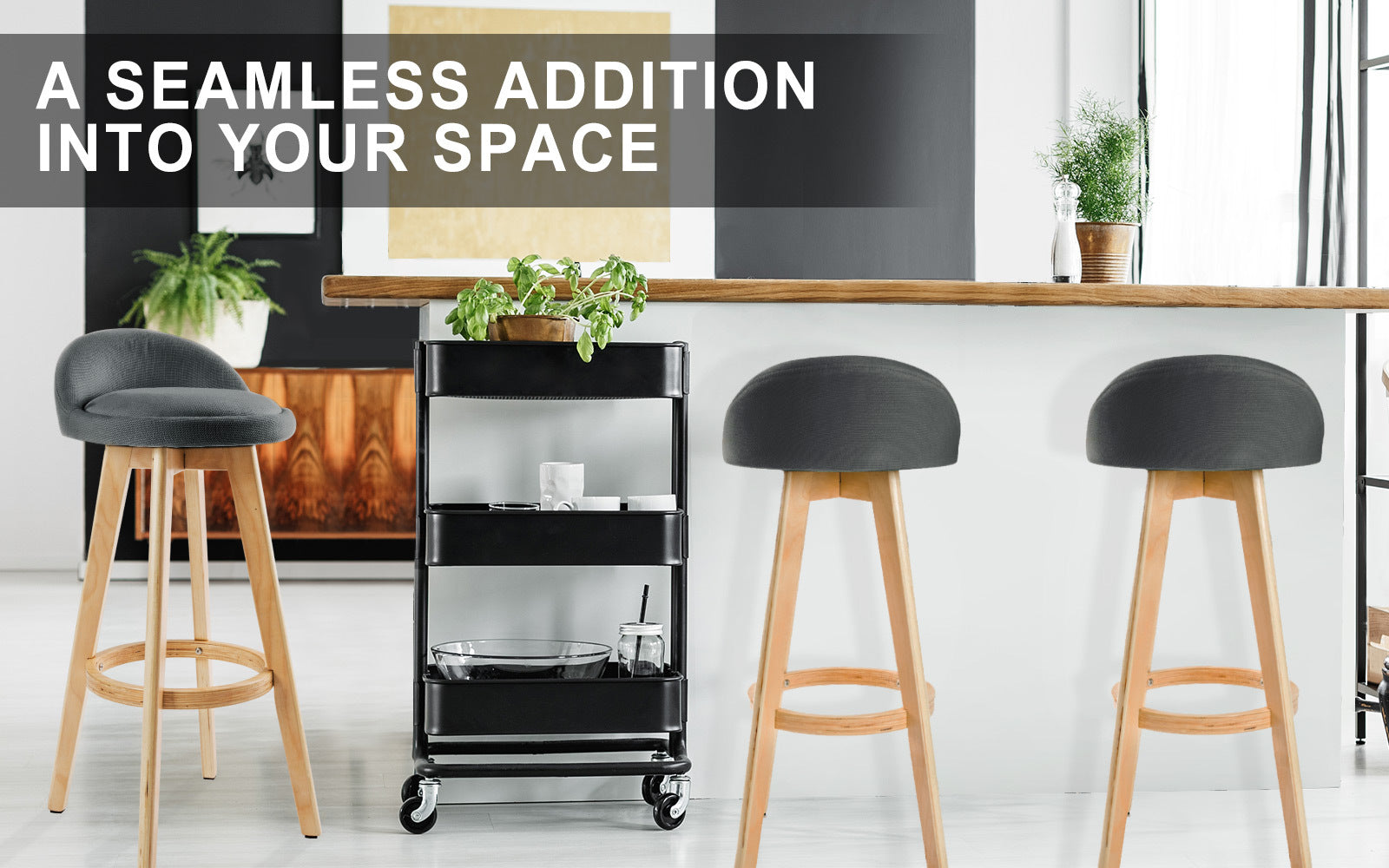 Holly 2 Set 72cm Grey Wooden Bar Stool Leila Fabric