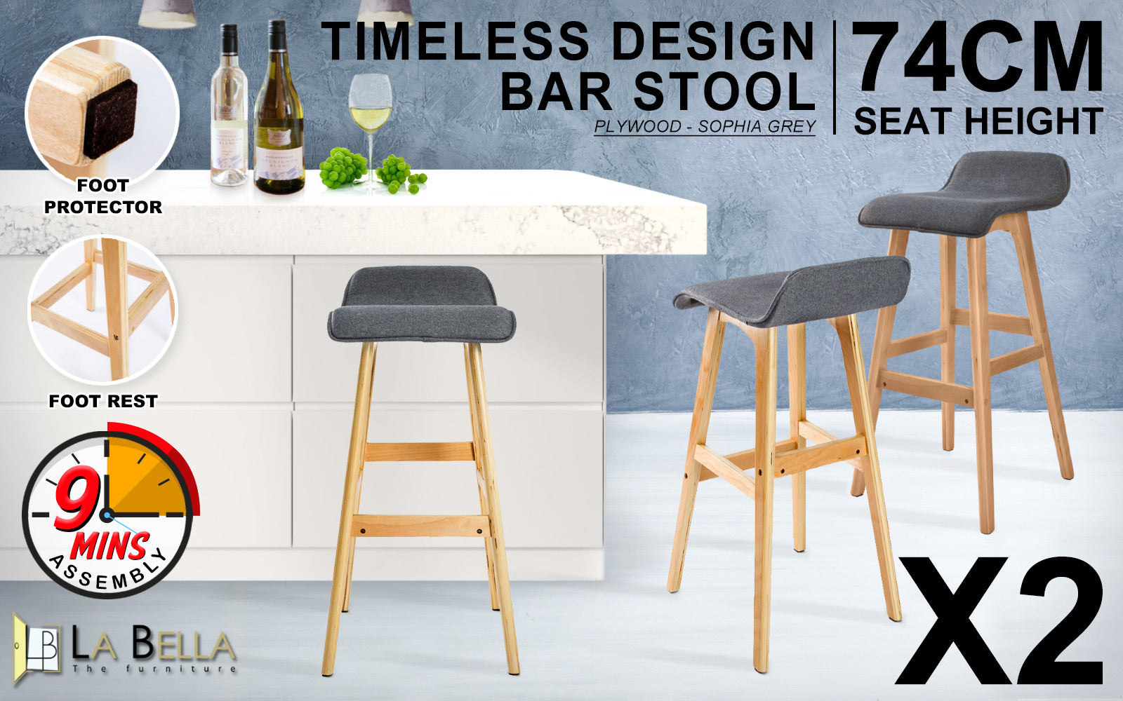 Holly 2 Set 74cm Grey Wooden Bar Stool Sophia Fabric