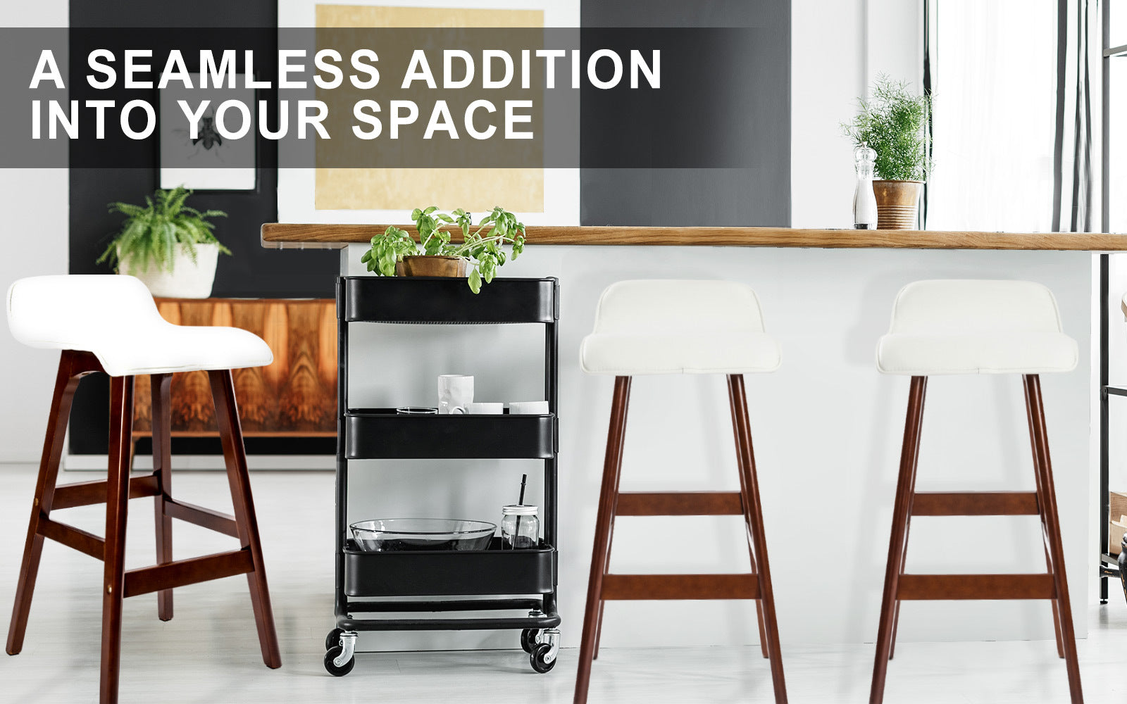 Holly 2 Set 65cm White Brown Wooden Bar Stool Sophia Leather