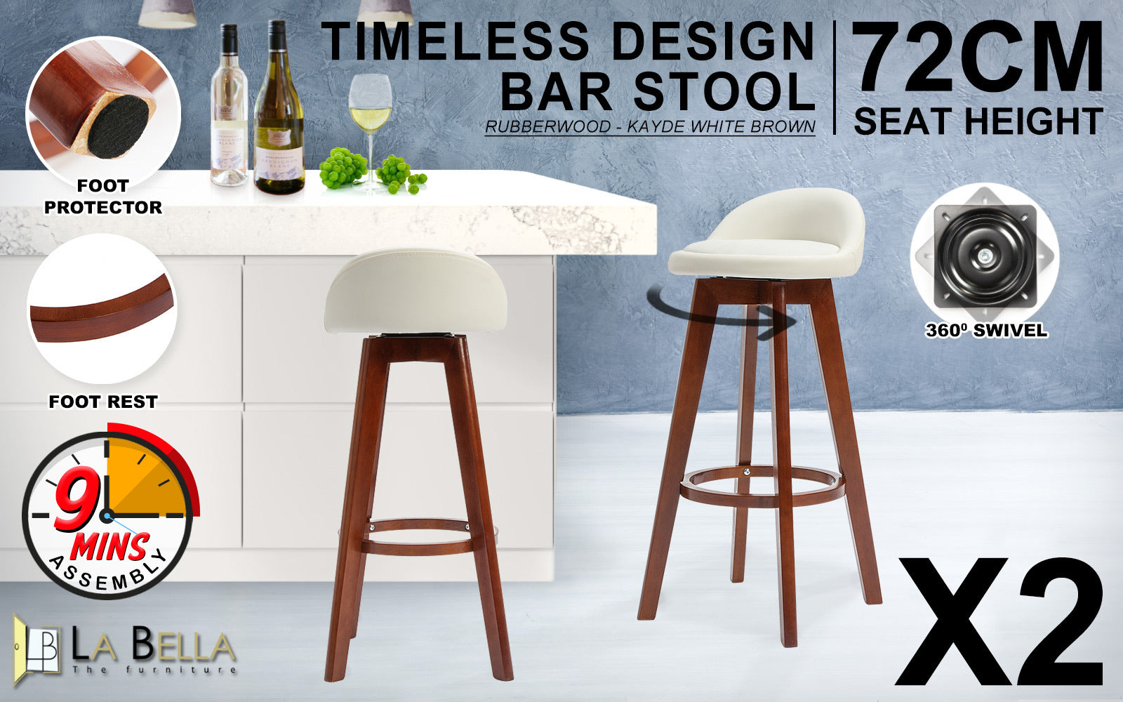Holly 2 Set 72cm White Brown Wooden Bar Stool Kayde Leather