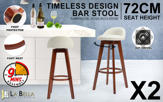 Holly 2 Set 72cm White Brown Wooden Bar Stool Kayde Leather
