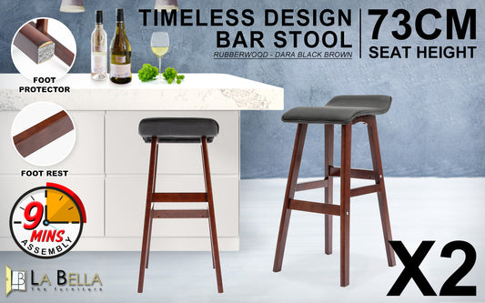 Holly 2 Set 73cm Black Brown Wooden Bar Stool DARA Leather