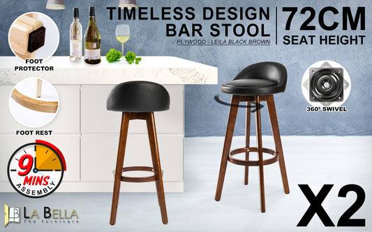 Holly 2 Set 72cm Black Brown Wooden Bar Stool Leila Leather