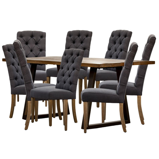 Eden 9pc Dining Set 220cm Live Edge Table 8 Charcoal Fabric Chair Mango Wood