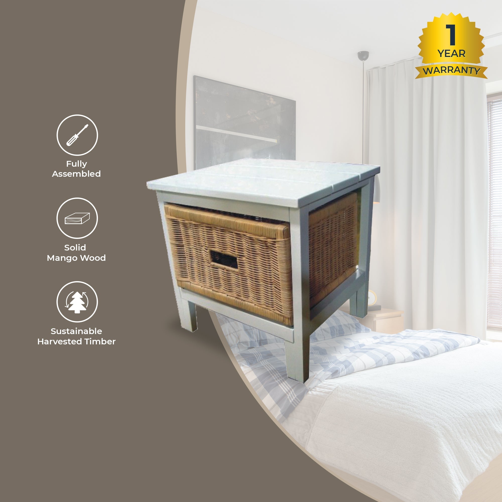 Tara Bedside 1 Chest of Drawers Cane Bedroom Kitchen Bathroom Storage Cabinet