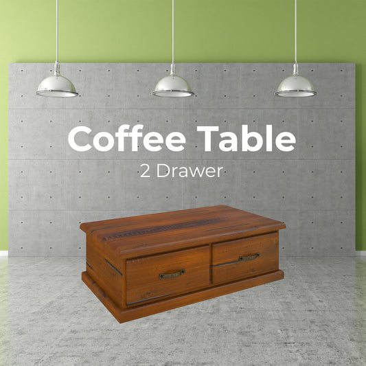 Umber Coffee Table 127cm 2 Drawer Solid Pine Timber Wood - Dark Brown