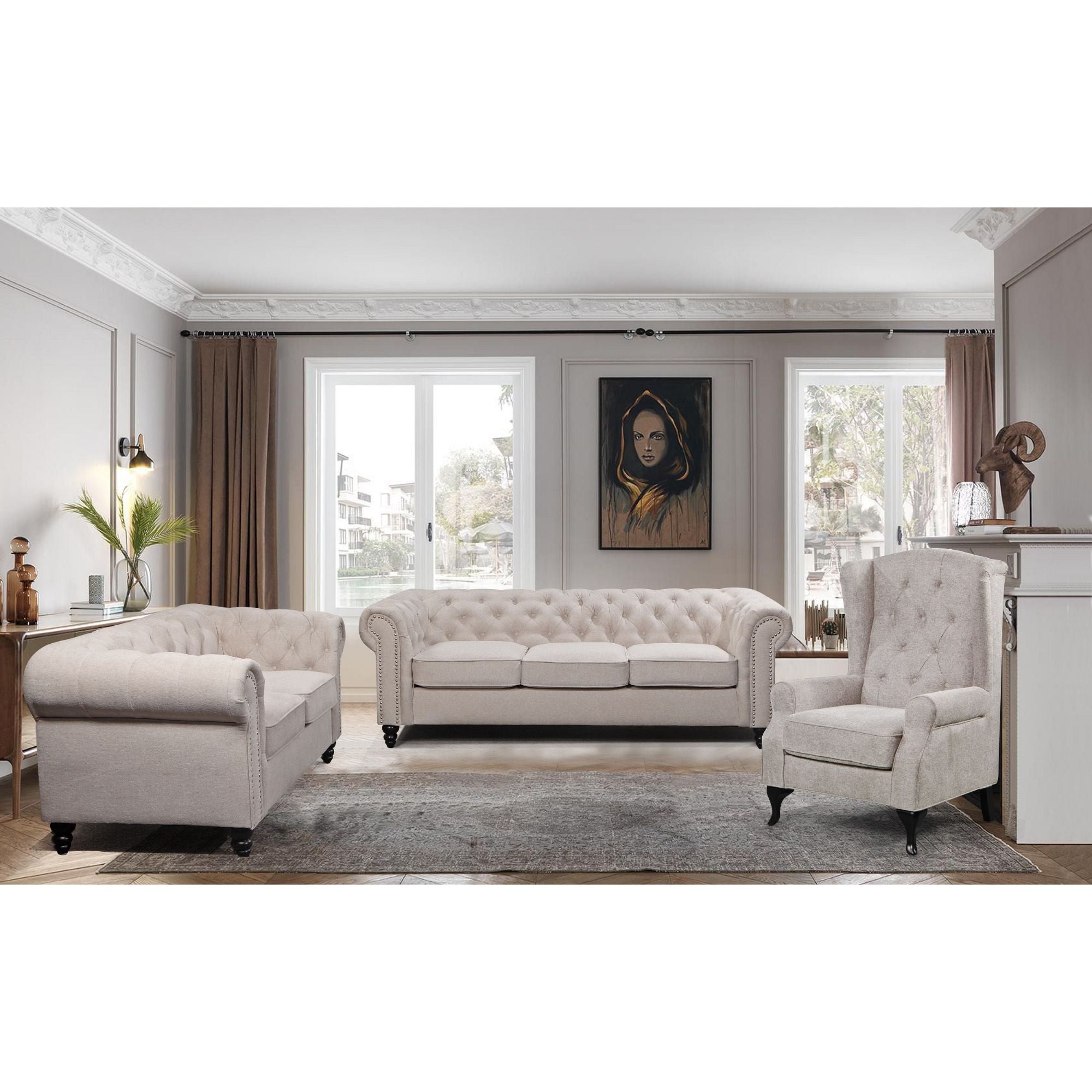 Lipe Wing Back Chair Sofa Chesterfield Armchair Fabric Uplholstered - Beige