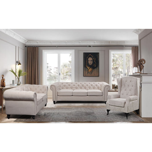 Lipe Wing Back Chair Sofa Chesterfield Armchair Fabric Uplholstered - Beige