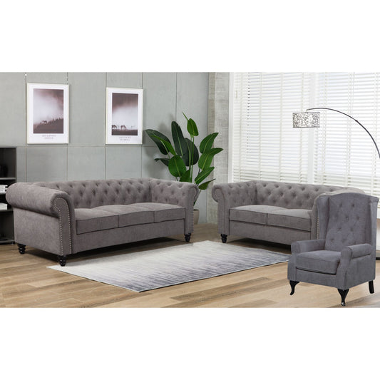 Lipe Wing Back Chair Sofa Chesterfield Armchair Fabric Uplholstered - Grey
