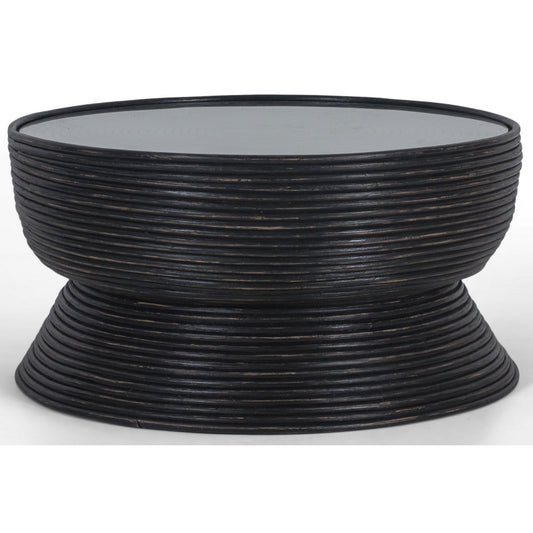 Leia Rattan Round Coffee Table 80cm with Glass Top - Distressed Black