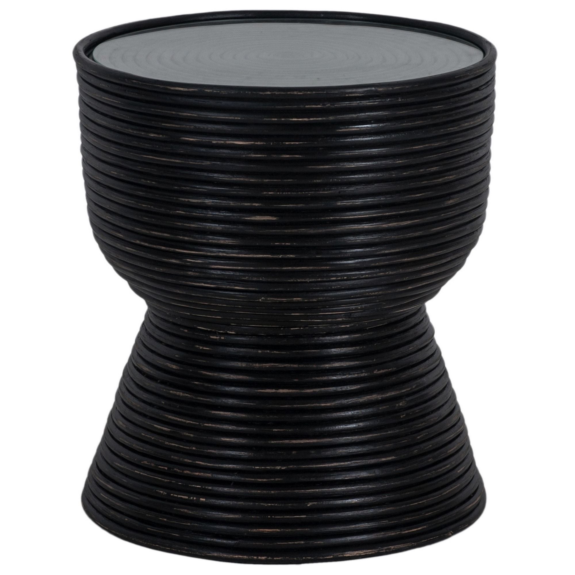 Leia Rattan Round Side Sofa End Table 46cm with Glass Top - Distressed Black