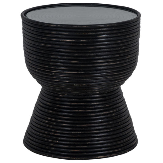 Leia Rattan Round Side Sofa End Table 46cm with Glass Top - Distressed Black