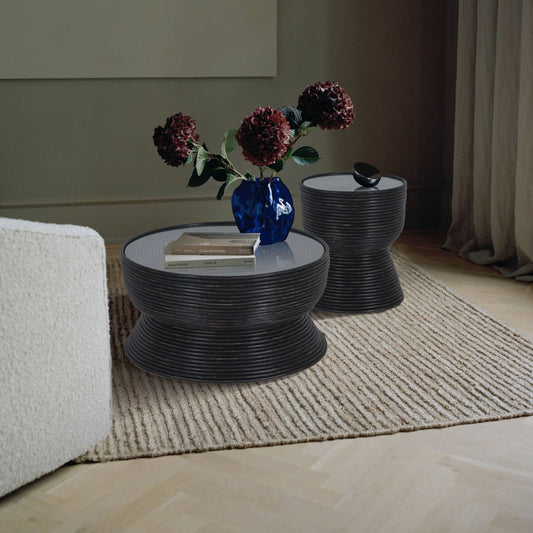 Leia Rattan Round Side Sofa End Table 46cm with Glass Top - Distressed Black