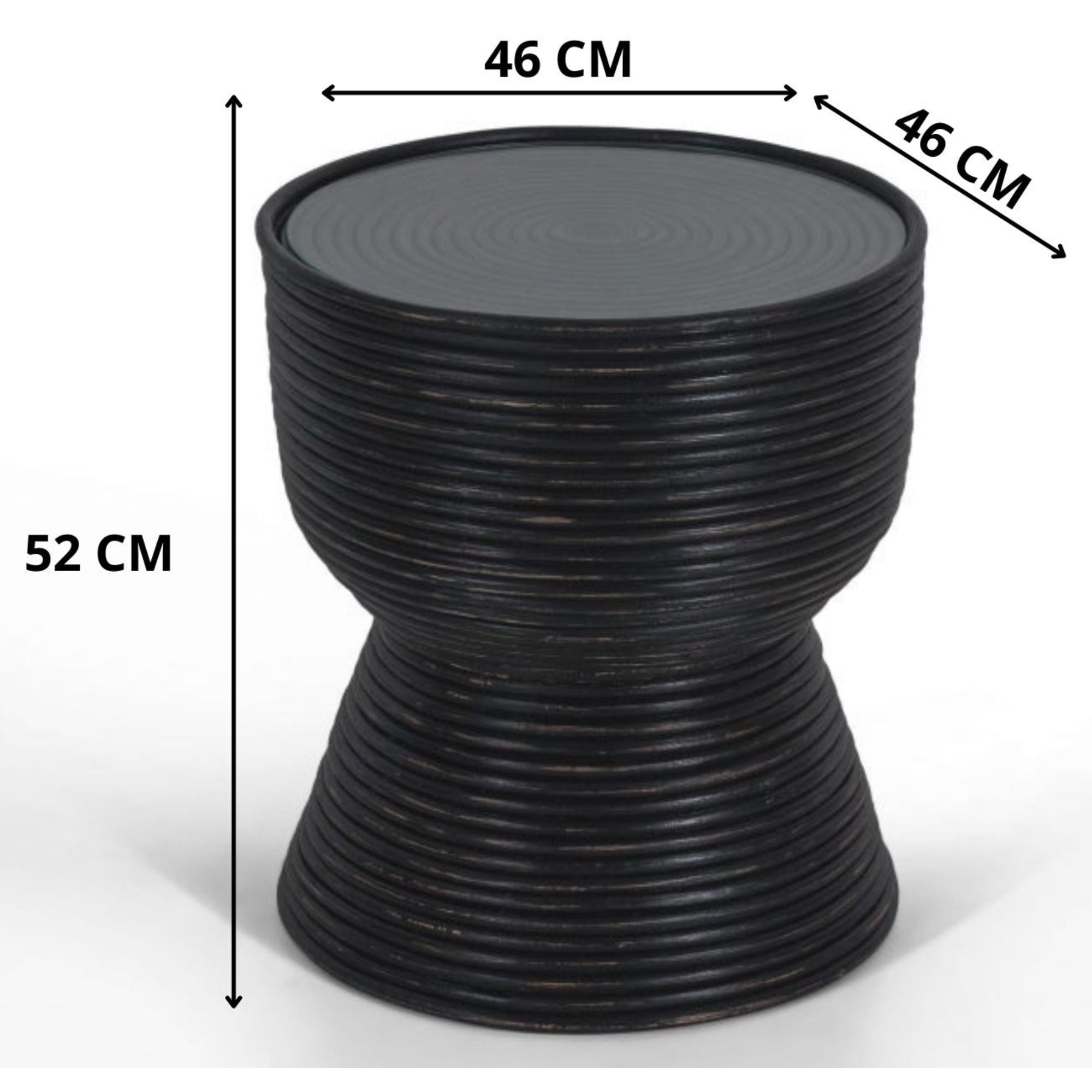 Leia Rattan Round Side Sofa End Table 46cm with Glass Top - Distressed Black
