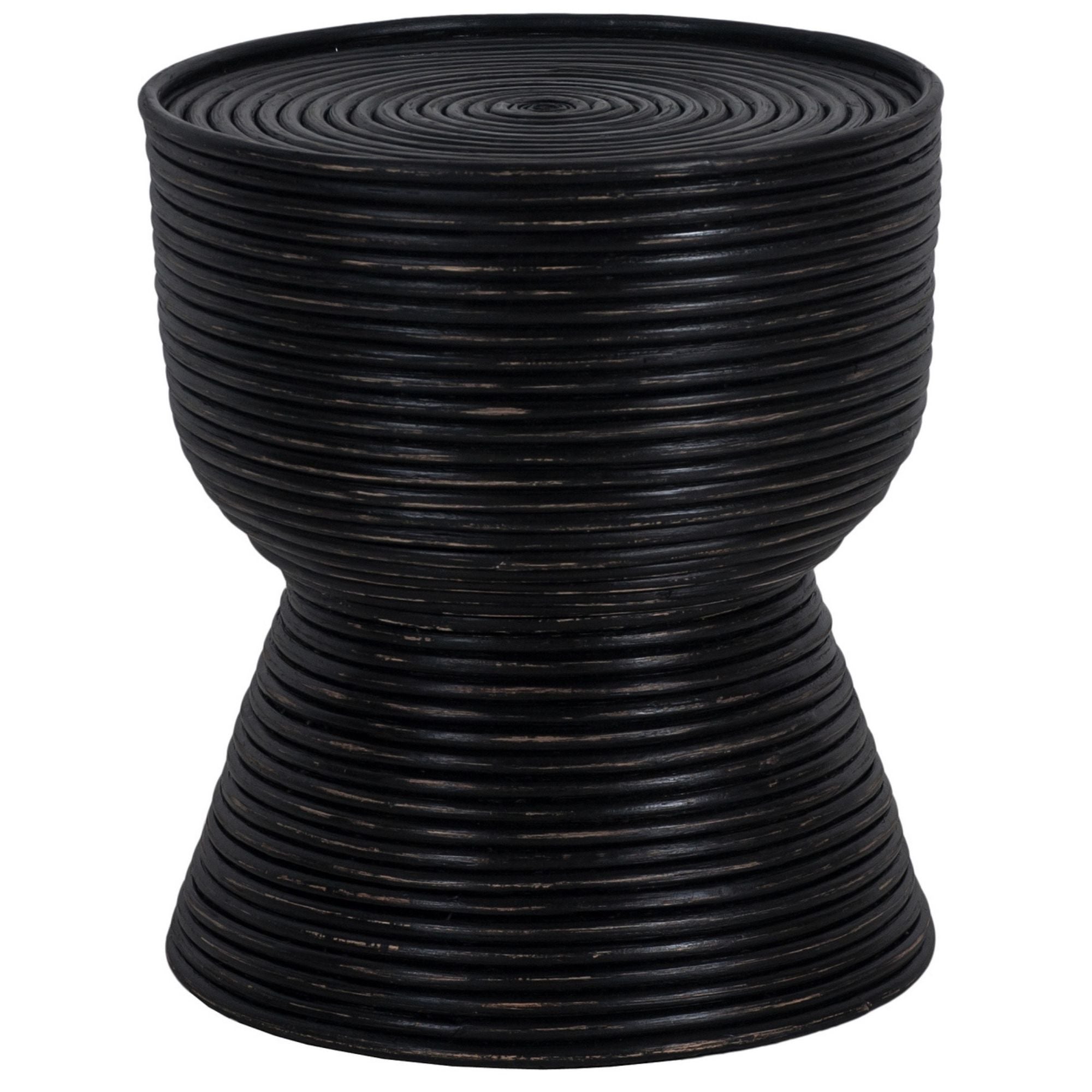 Leia Rattan Round Side Sofa End Table 46cm with Glass Top - Distressed Black