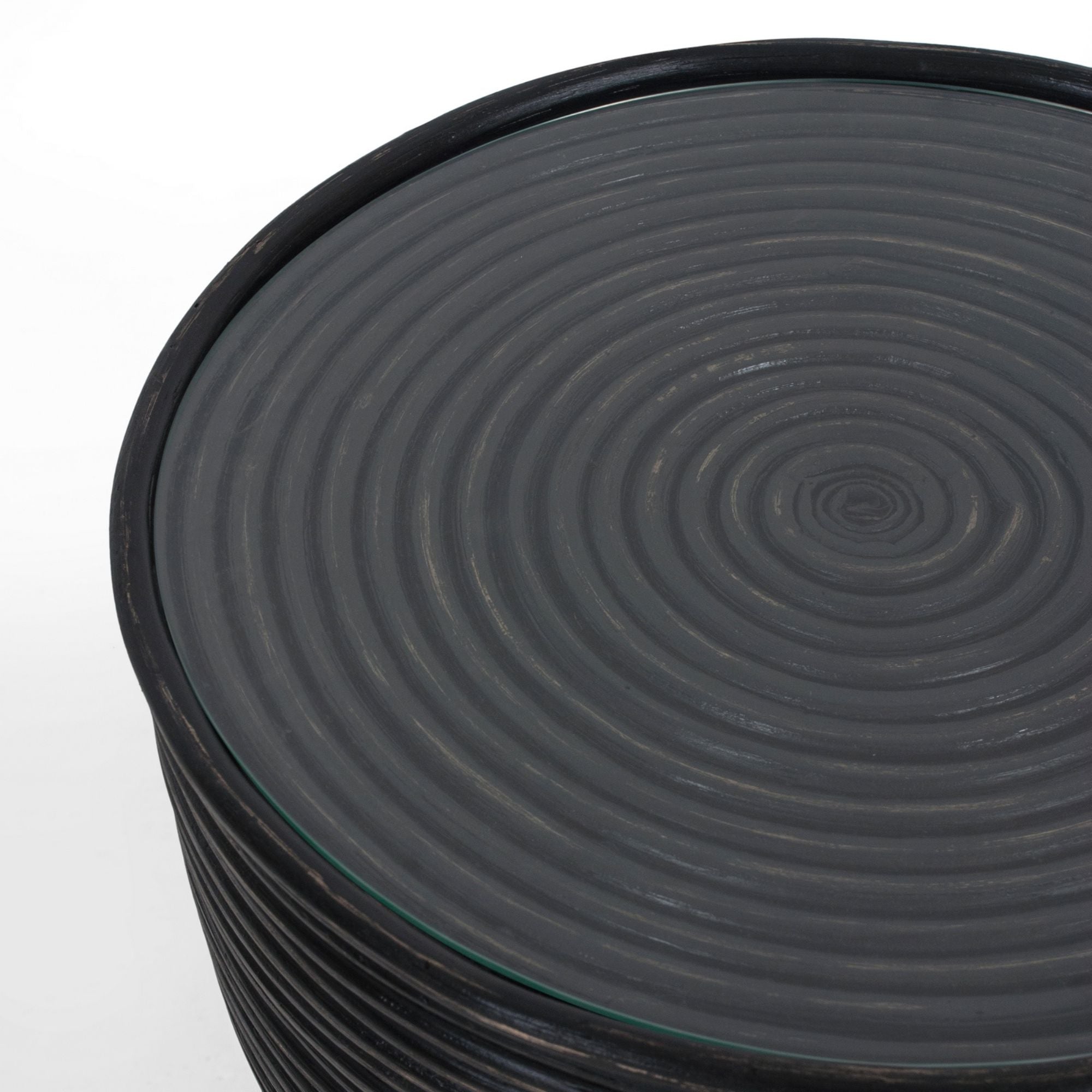 Leia Rattan Round Side Sofa End Table 46cm with Glass Top - Distressed Black
