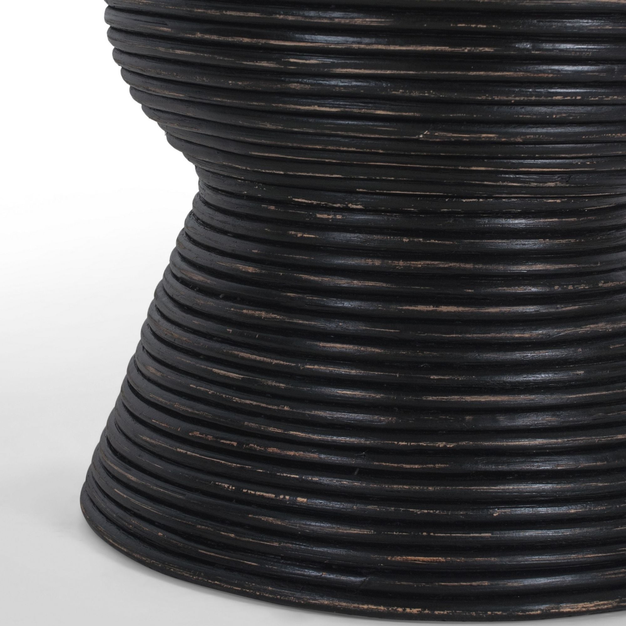 Leia Rattan Round Side Sofa End Table 46cm with Glass Top - Distressed Black