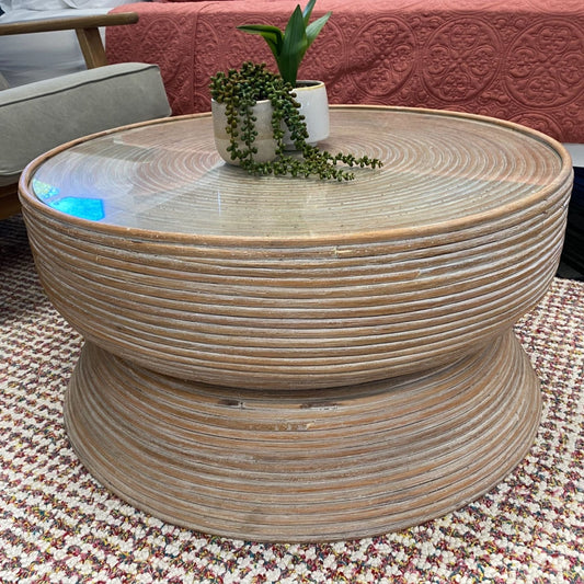 Leia Rattan Round Coffee Table 80cm with Glass Top - Whitewash