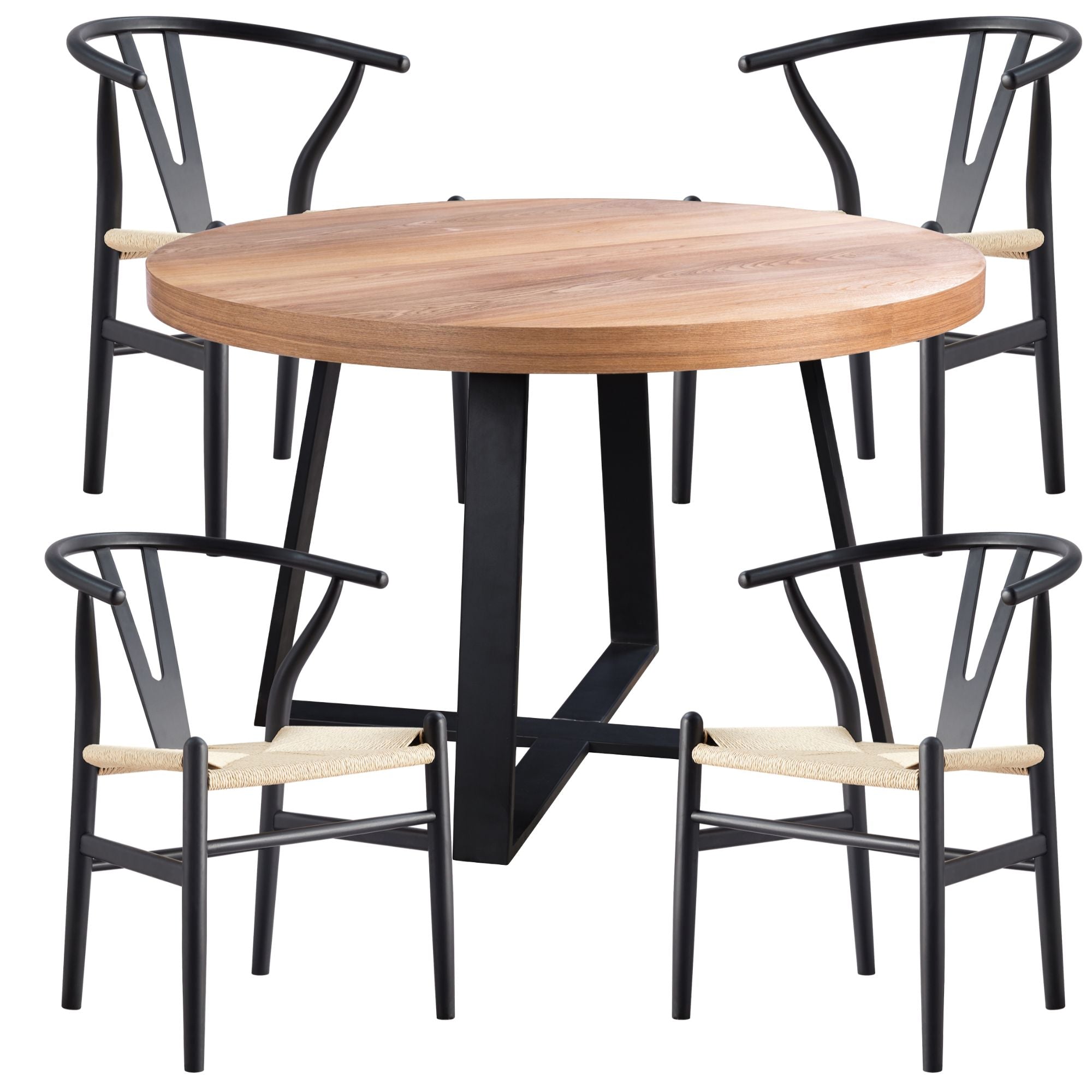 Daisy  5pc 120cm Round Dining Table Set 4 Wishbone Chair Elm Timber Wood