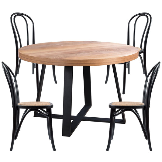 Daisy  5pc 120cm Round Dining Table Set 4 Arched Back Chair Elm Timber Wood