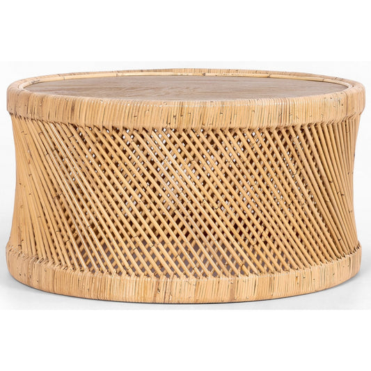 Sally 80cm Round Coffee Table Mango Wood Top Rattan Frame -