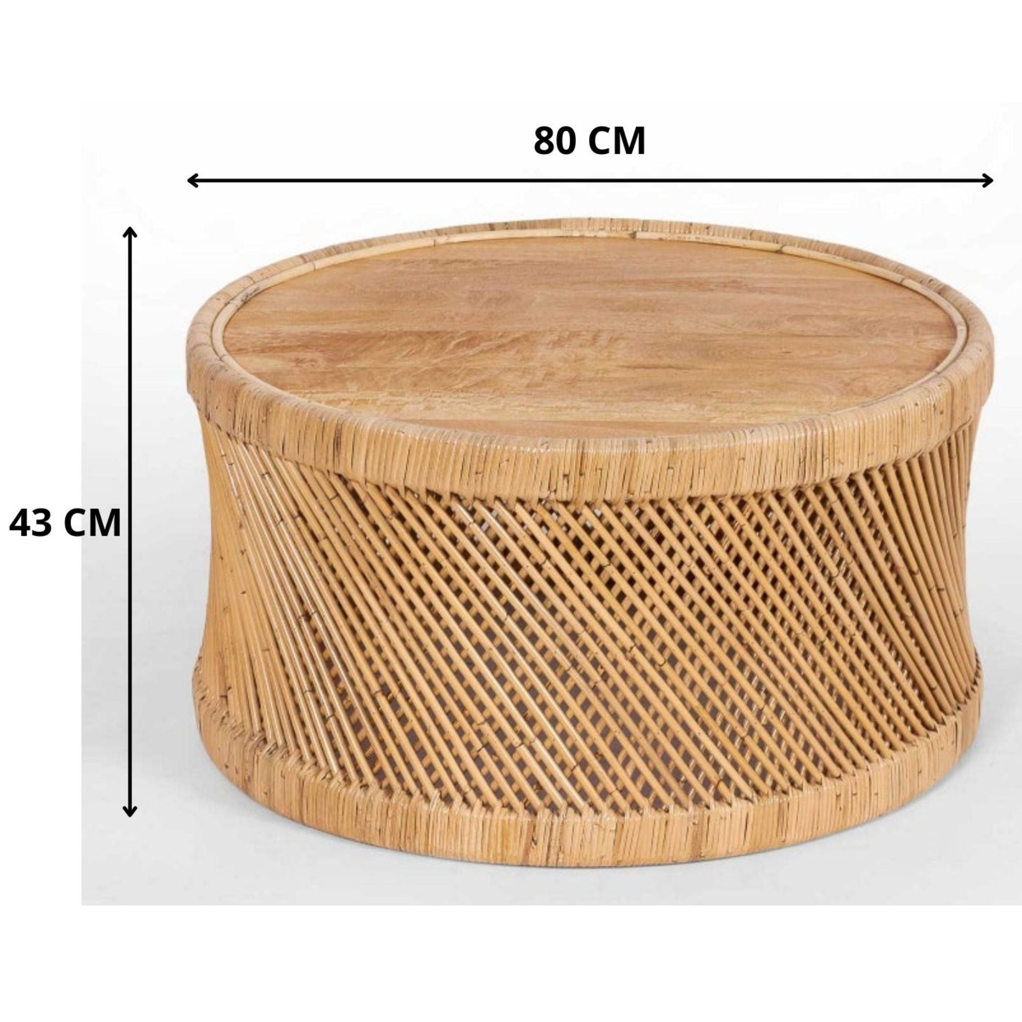 Sally 80cm Round Coffee Table Mango Wood Top Rattan Frame -
