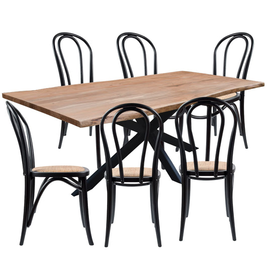 Carol 7pc 210cm Dining Table 6 Black Arched Back Chair Set Live Edge Acacia