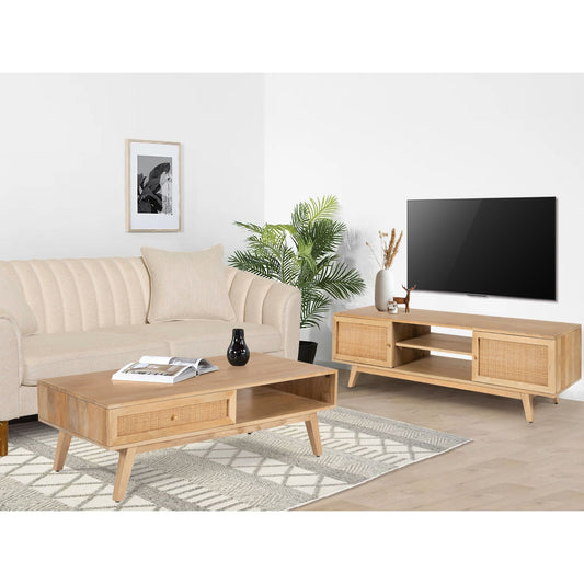 Manly  ETU Entertainment TV Unit 175cm Solid Mango Wood Rattan 2 Door