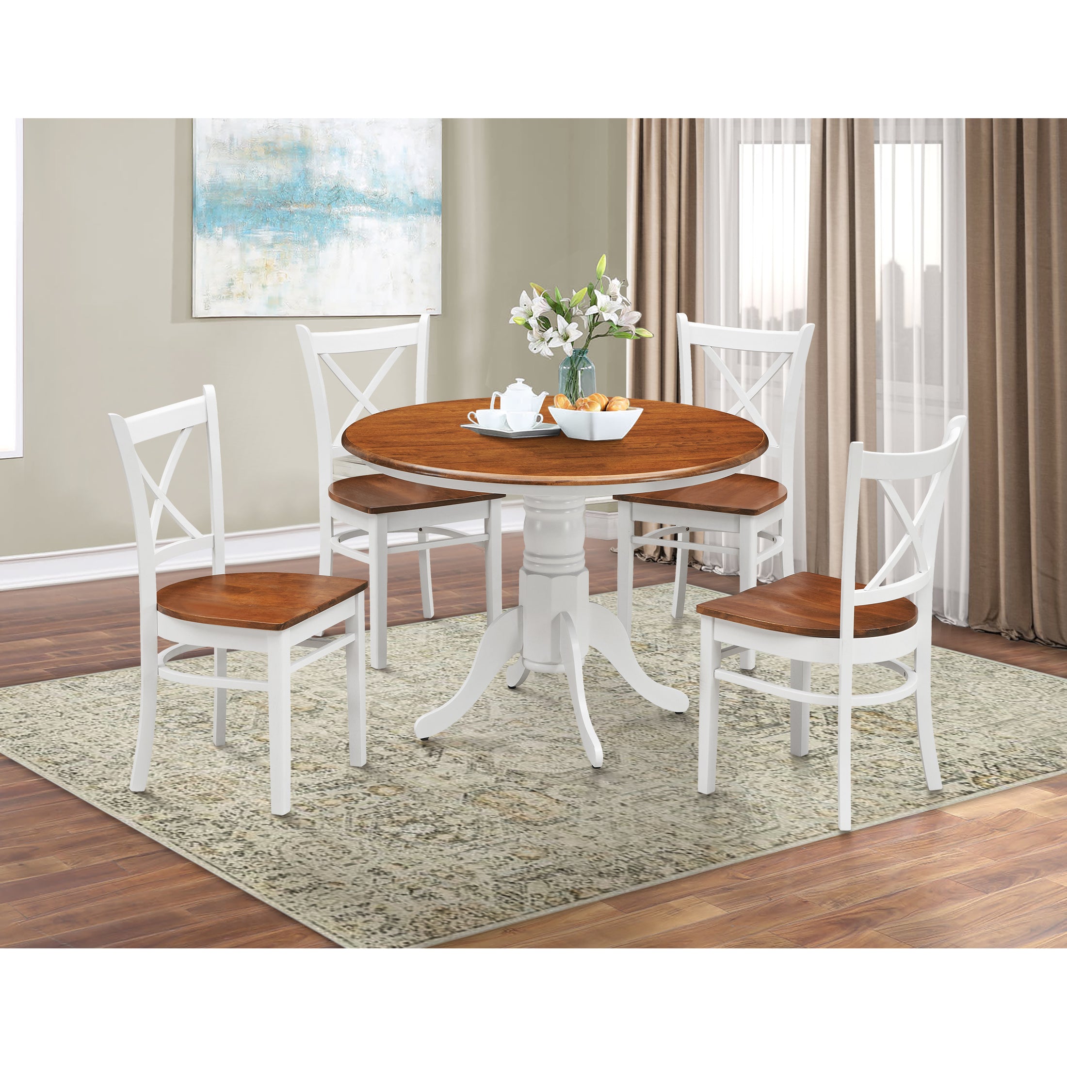 Lupin 5pc Dining Set 106cm Round Pedestral Table 4 Rubber Wood Chair - White Oak