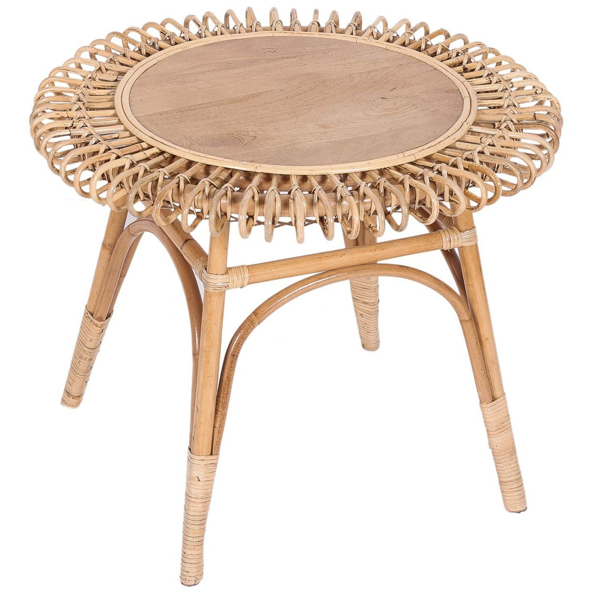 Holly 65cm Round Side Table Mango Wood Top Rattan Frame -