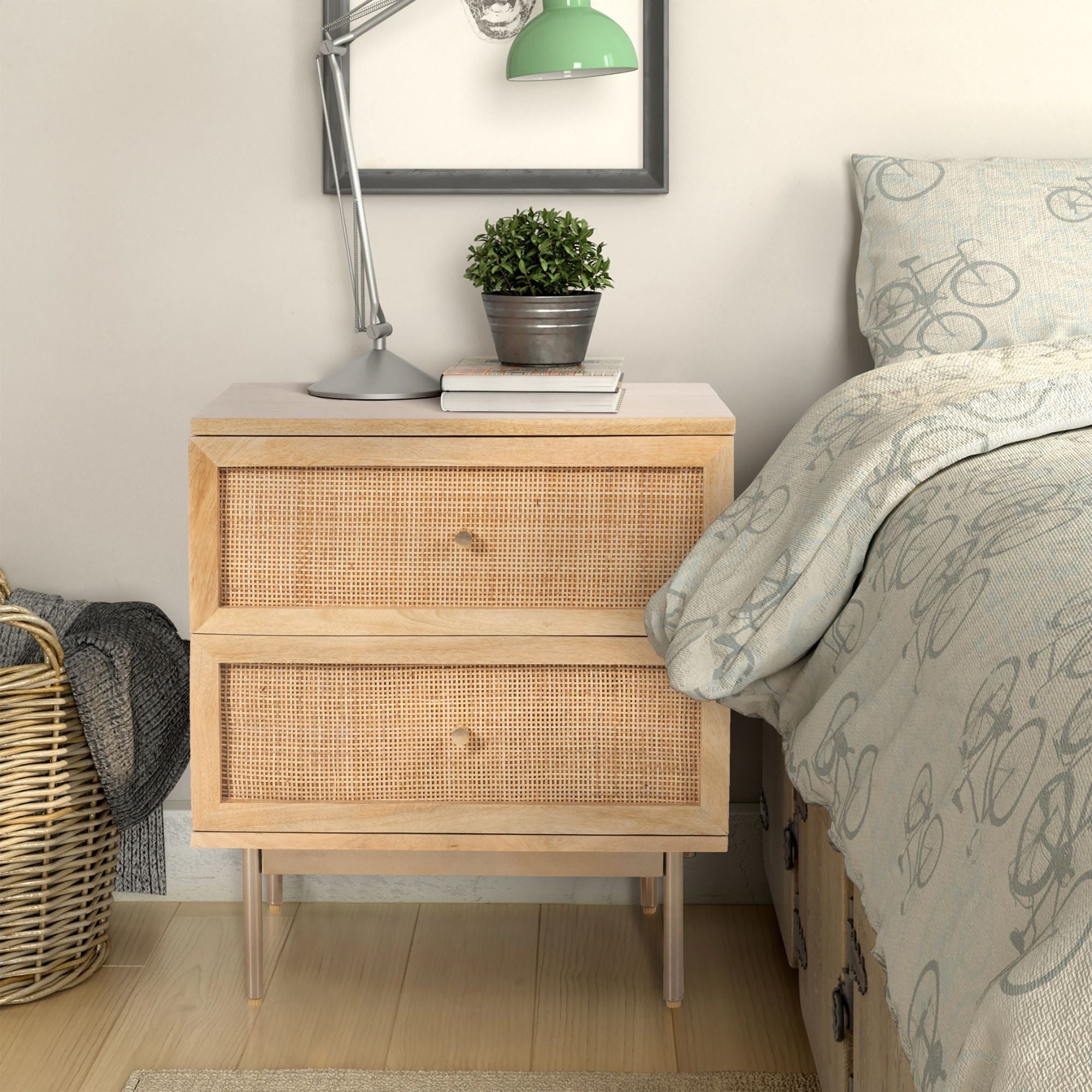 Bondi Bedside Table 2 Drawer Storage Cabinet Solid Mango Wood Rattan