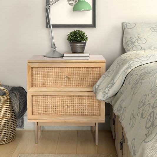 Bondi Bedside Table 2 Drawer Storage Cabinet Solid Mango Wood Rattan