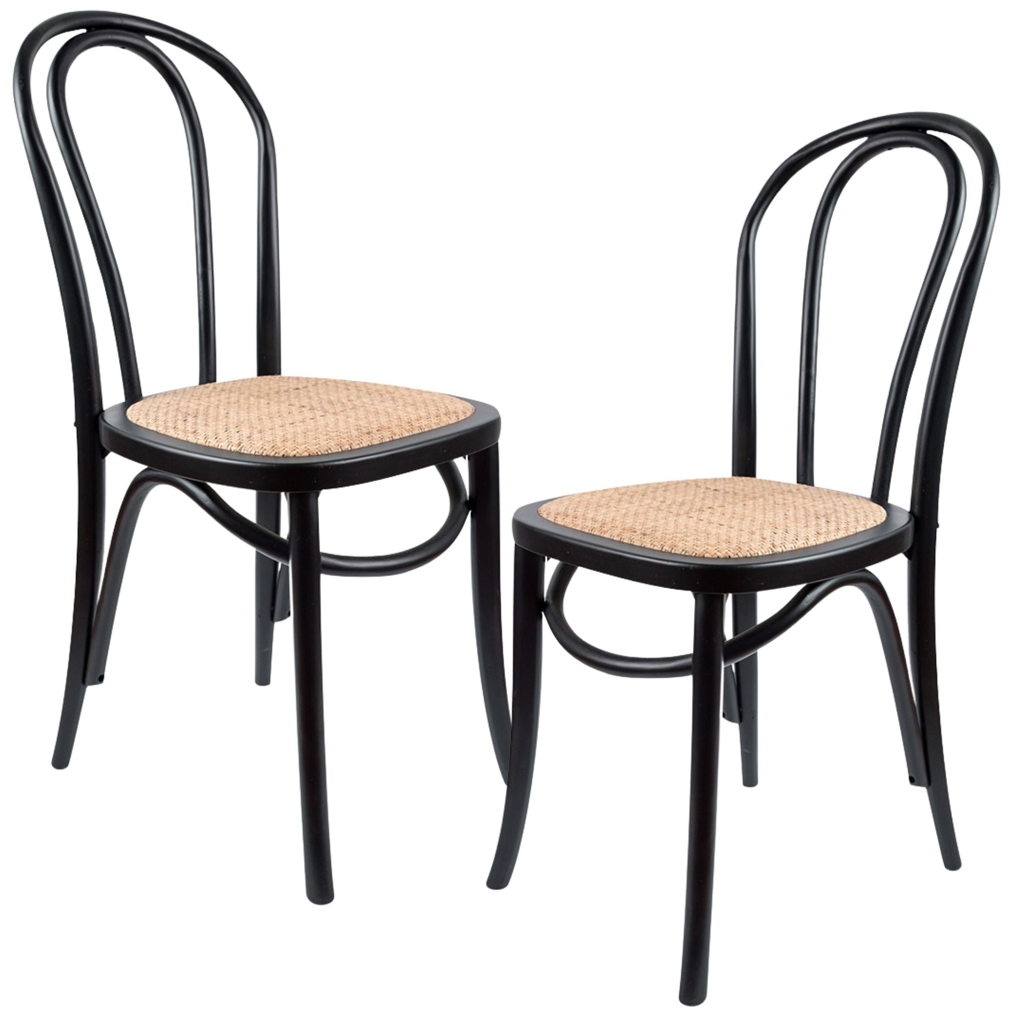 Tori Arched Back Dining Chair 2 Set Solid Elm Timber Wood Rattan Seat - Black