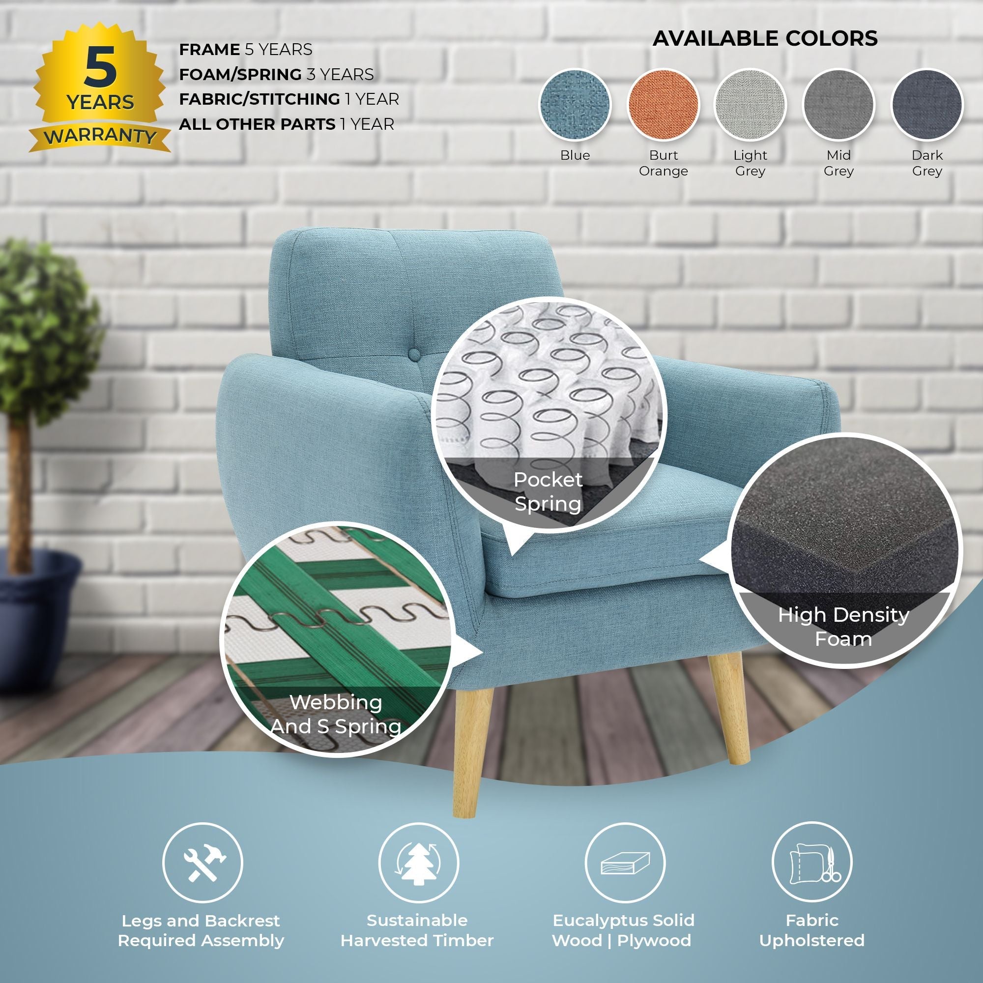 Scandinavian Armchair Upholstered Lounge Accent Chair Couch Sofa Seater Blue